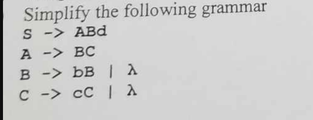 Solved Simplify The Following Grammar S→ABdA→BCB→bB∣λC→CC∣λ | Chegg.com