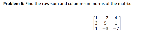 Solved Problem 6: Find the row-sum and column-sum norms of | Chegg.com