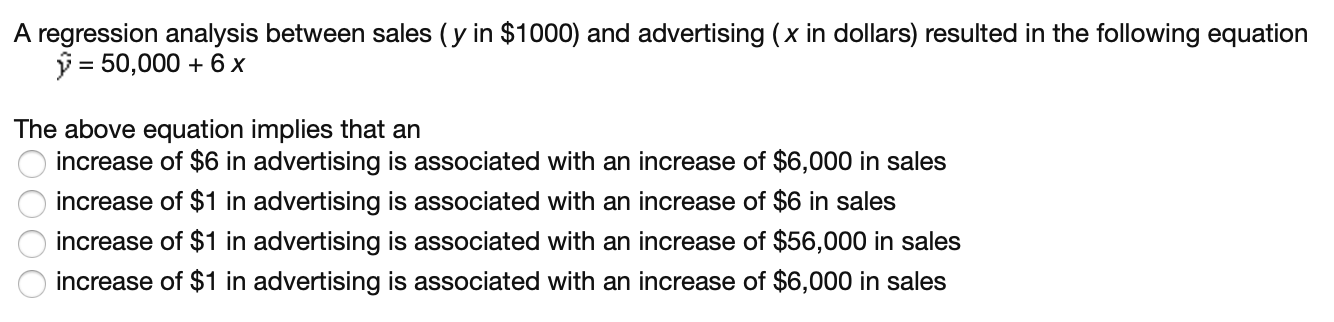 Solved A regression analysis between sales (y in $1000) and | Chegg.com