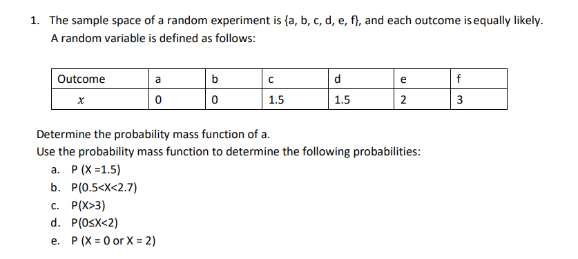 1. The sample space of a random experiment is \( \{a, b, c, d, e, f\} \), and each outcome is equally likely. A random variab