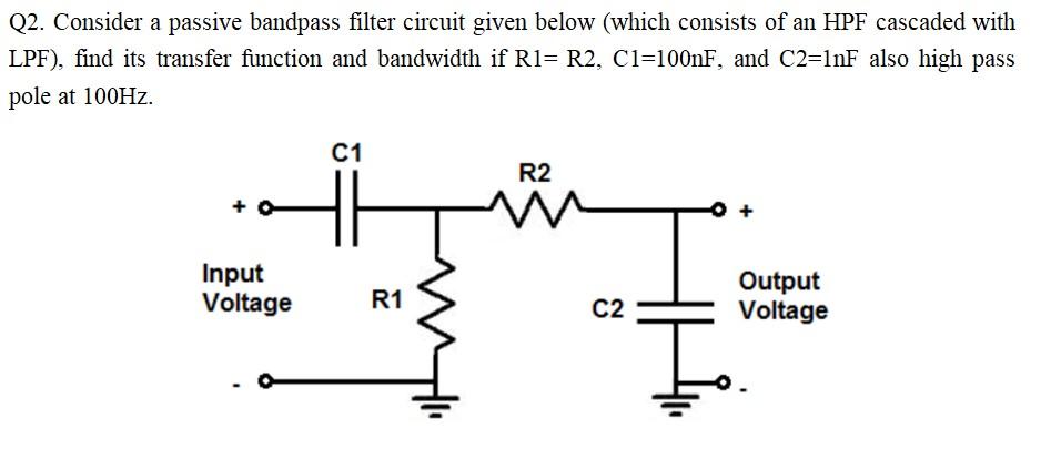 Solved Q2. Consider a passive bandpass filter circuit given | Chegg.com