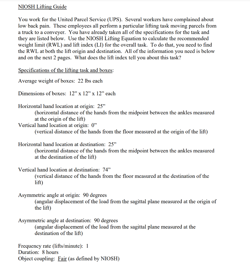 NIOSH Lifting Guide You work for the United Parcel | Chegg.com