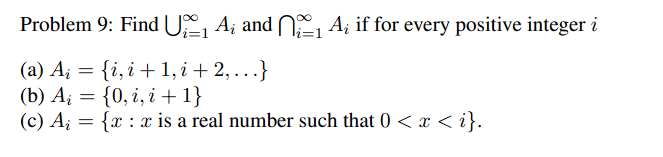 Solved Problem 9: Find ⋃i=1∞Ai and ⋂i=1∞Ai if for every | Chegg.com