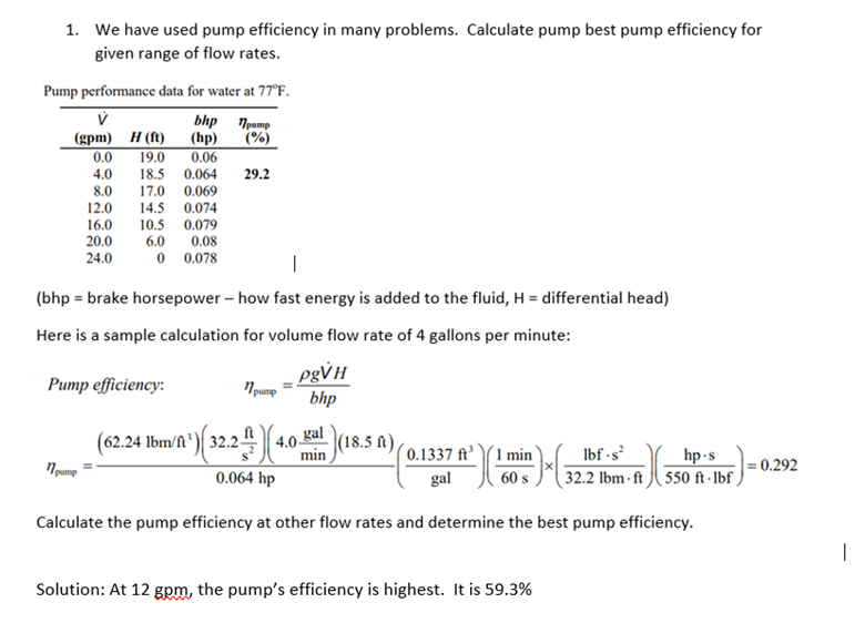 Solved 1. We have used pump efficiency in many problems. | Chegg.com