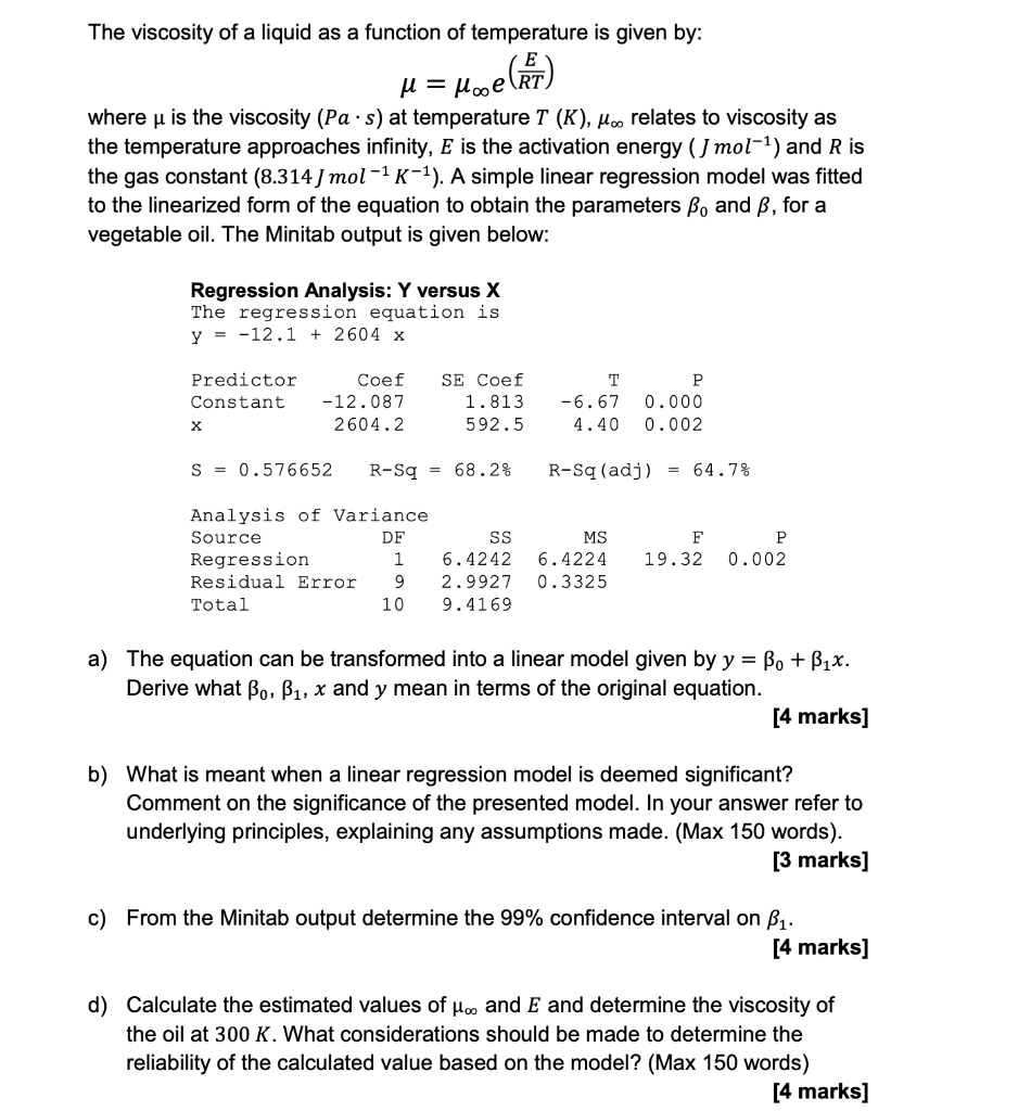 The Viscosity Of A Liquid As A Function Of Tempera Chegg Com