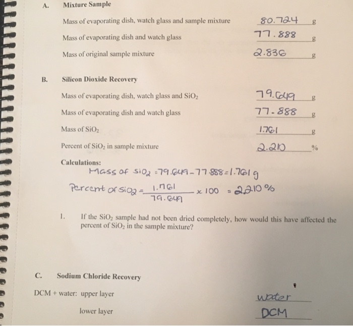 Solved A. Mixture Sample Mass of evaporating dish, watch