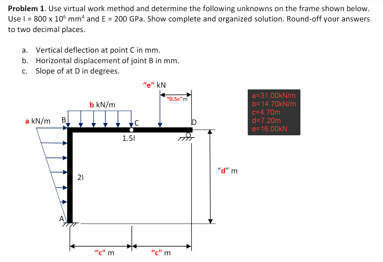 Problem 1. Use virtual work method and determine the following unknowns on the frame shown below. Use \( \mathrm{I}=800 \time