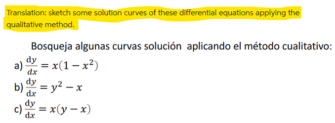 Translation: sketch some solution curves of these differential equations applying the qualitative method. Bosqueja algunas cu