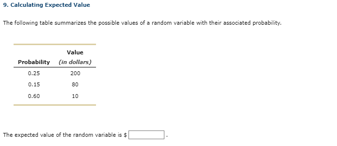 Solved 9. Calculating Expected Value The following table | Chegg.com