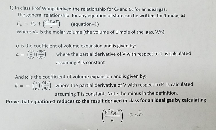 Solved Prof Wang Basically Concluded That Cp Cv Nr Now Chegg Com