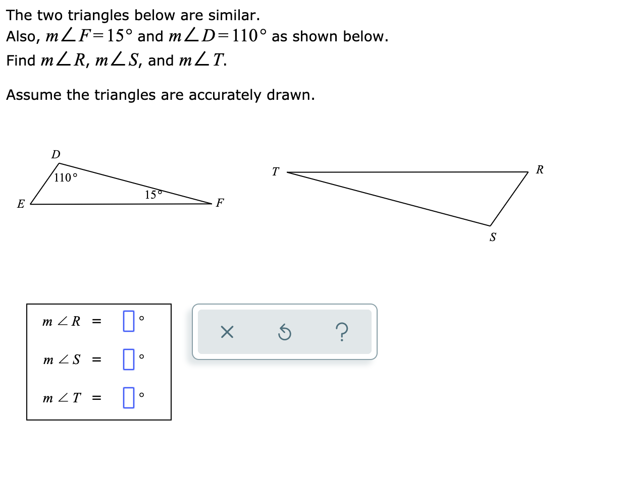 some zs are something else but come up as z expect last one!) In A ABC, m  ZA=62° and m ZB=39° In AXYZ, m 