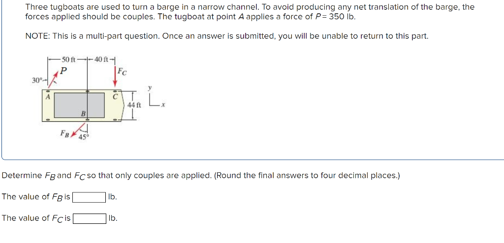 Three tugboats are used to turn a barge in a narrow channel. To avoid producing any net translation of the barge, the forces 