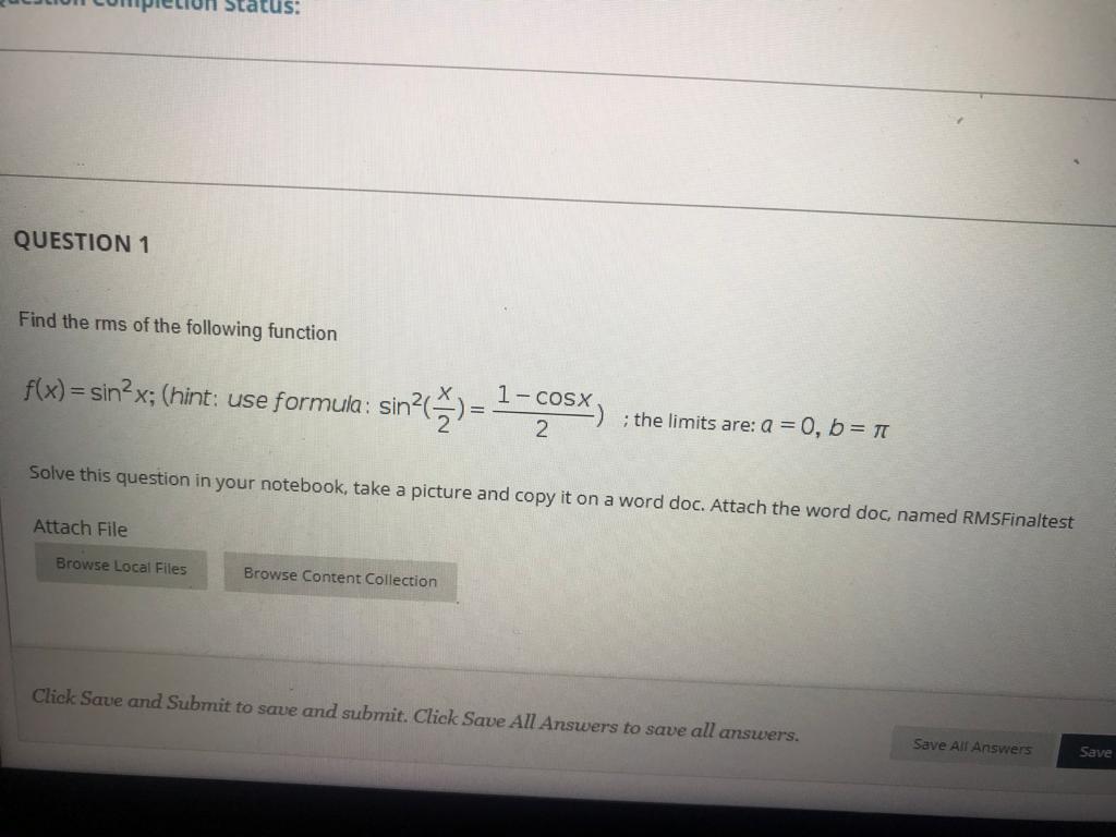 Solved Status: QUESTION 1 Find the rms of the following | Chegg.com