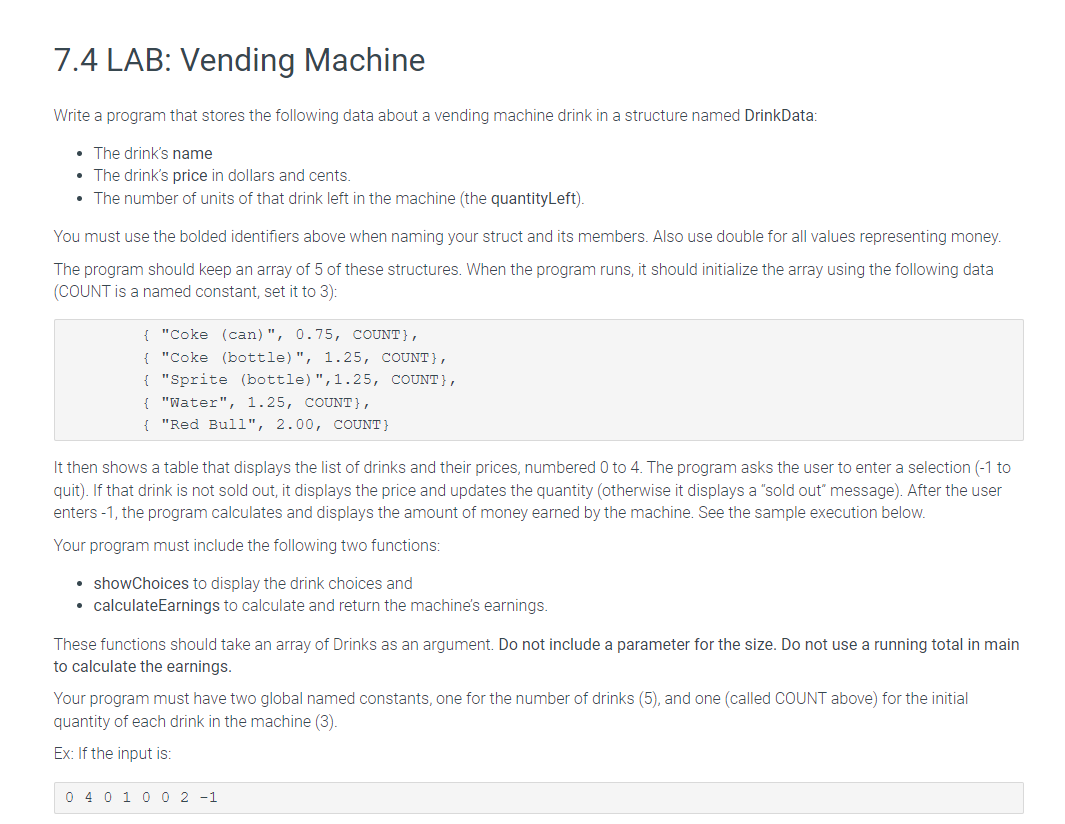 Solved 7.4 LAB: Vending Machine Write a program that stores | Chegg.com