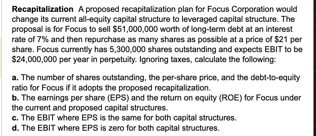 Solved Recapitalization A Proposed Recapitalization Plan For | Chegg.com