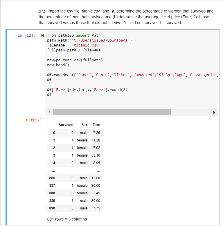 Solved In Python, determine the average ticket price (Fare) | Chegg.com