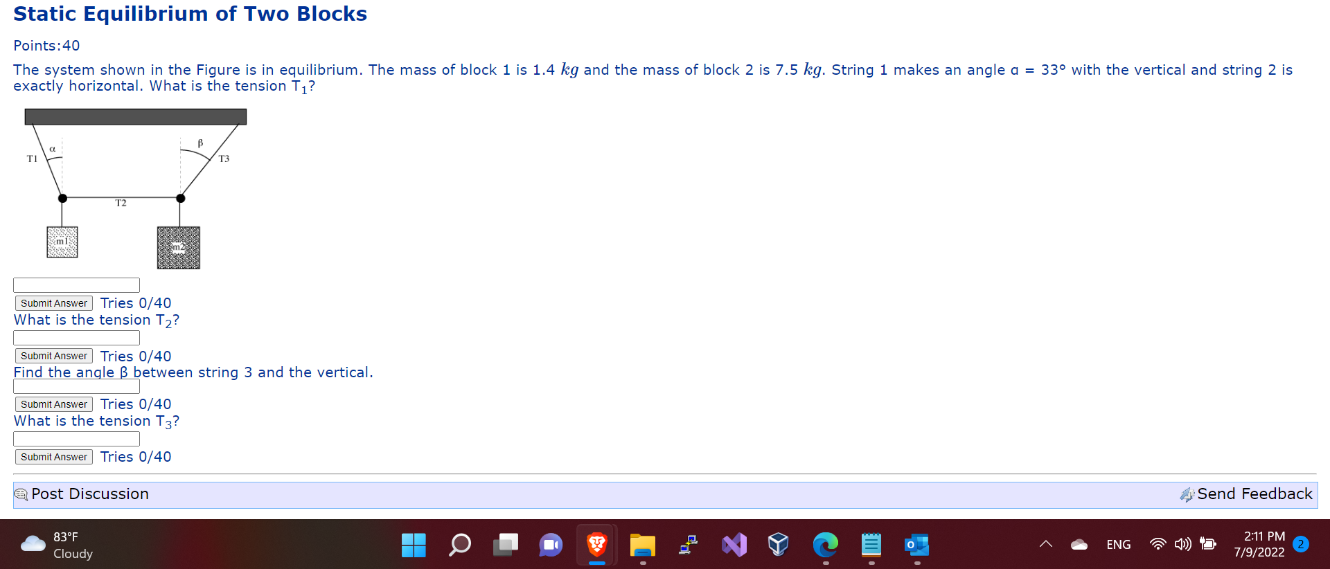 Solved Static Equilibrium of Two Blocks Points:40 The system | Chegg.com
