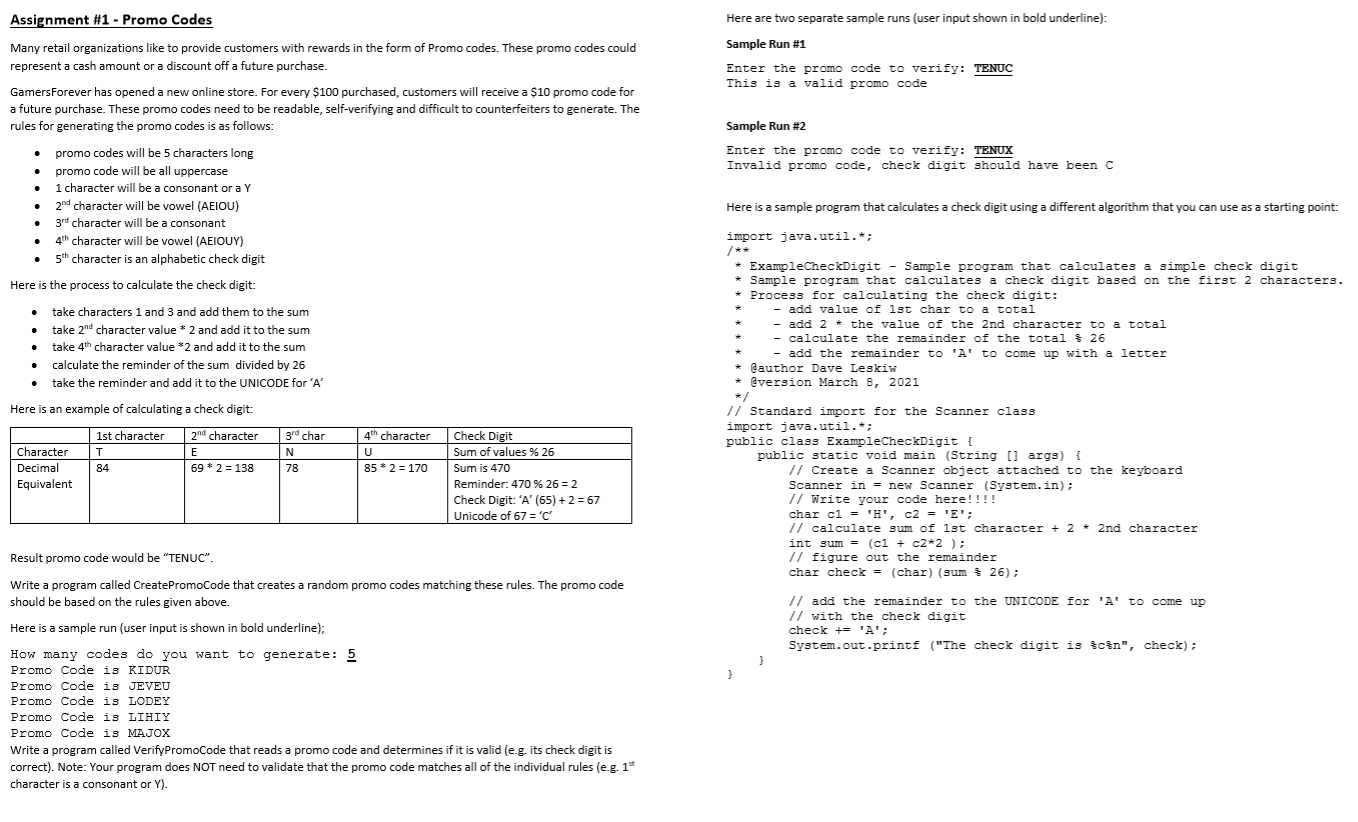 Assignment 1 Promo Codes Here are two separate