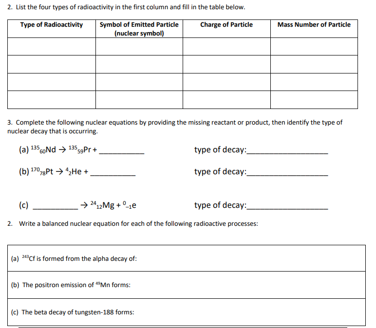 Solved 2. List the four types of radioactivity in the first | Chegg.com