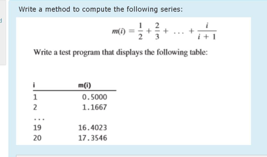 Solved Write a method to compute the following series: i | Chegg.com