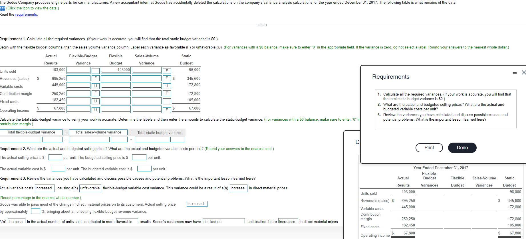 Solved The Sodus Company produces engine parts for car