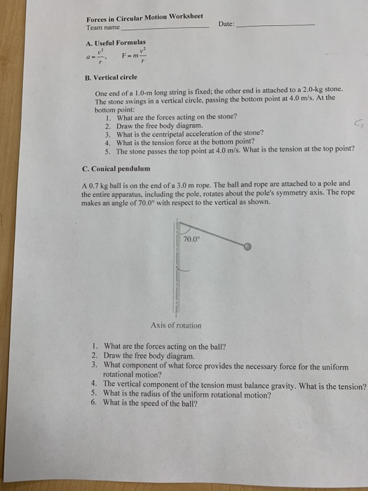 Solved: Forces In Circular Motion Worksheet Team Name Date... | Chegg.com
