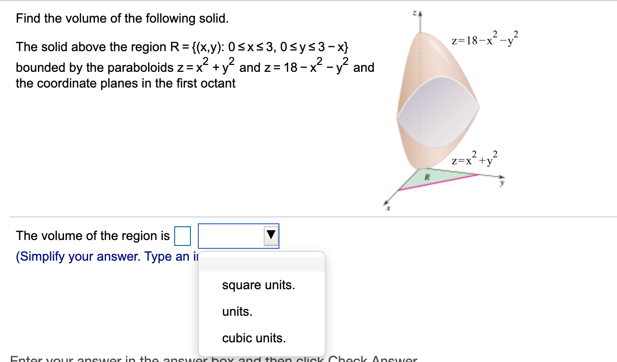 Solved Find The Volume Of The Following Solid. Z Z=3 Ex-y | Chegg.com