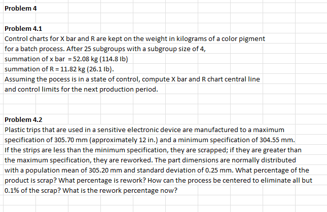 Solved Problem 4Problem 4.1Control charts for x ﻿bar and R | Chegg.com