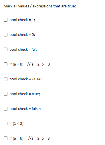 Solved Mark all values / expressions that are true: bool | Chegg.com