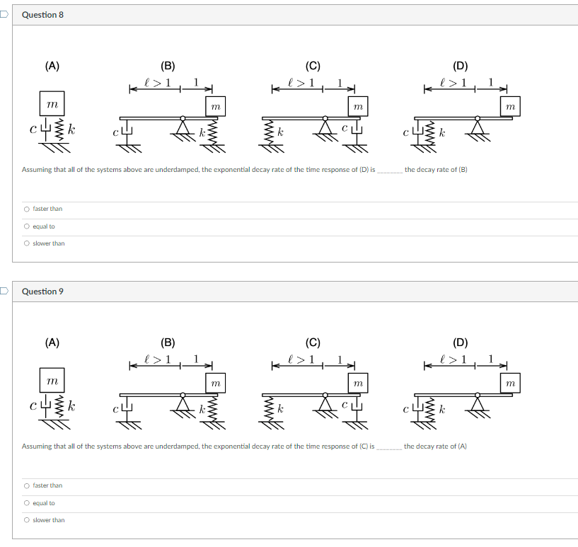 Assuming that all of the systems above are underdamped, the exponential decay rate of the time response of (D) is the decay r