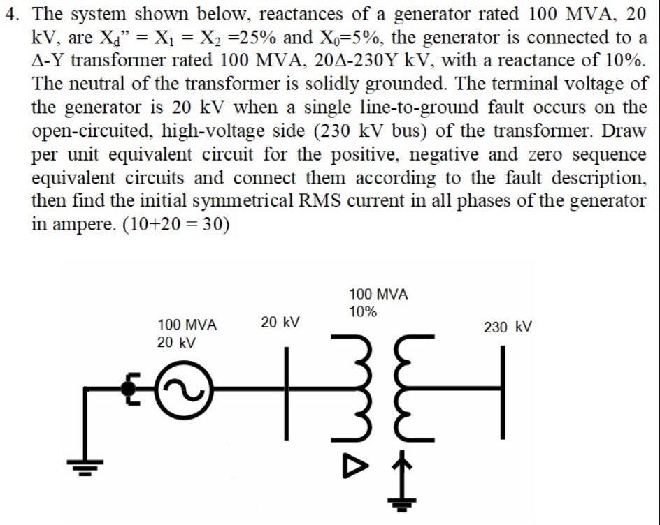 4. The system shown below, reactances of a generator rated 100 MVA, 20 \( \mathrm{kV} \), are \( \mathrm{X}_{\mathrm{d}} =\m