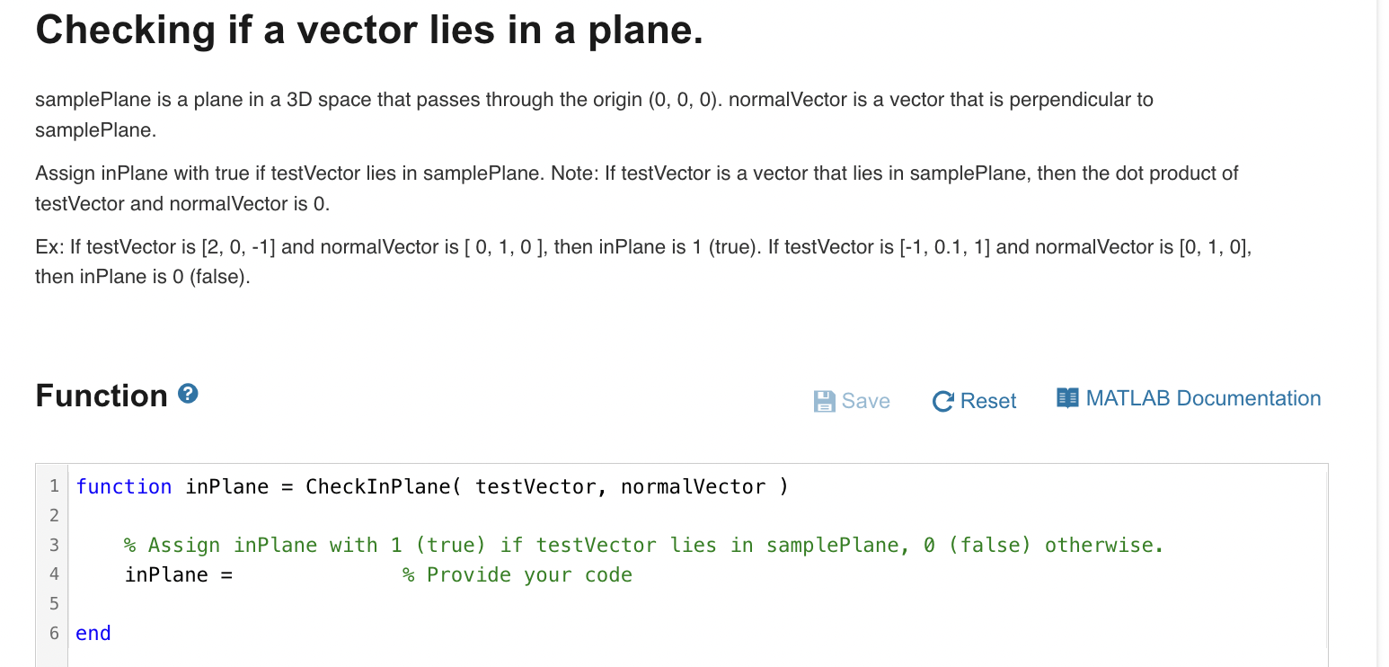 Solved Checking if a vector lies in a plane. samplePlane is | Chegg.com