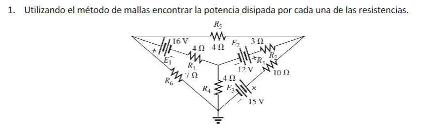 1. Utilizando el método de mallas encontrar la potencia disipada por cada una de las resistencias.