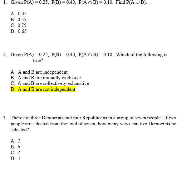 Solved 1. Given P A 0.25 P B 0.40 PAB 0.10. Find