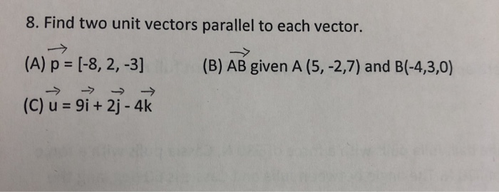 Solved 8. Find two unit vectors parallel to each vector. (A) | Chegg.com