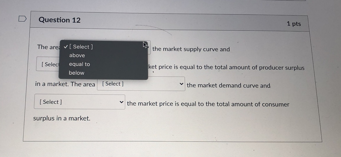 Solved Question 12 1 pts The area [ Select ] the market | Chegg.com