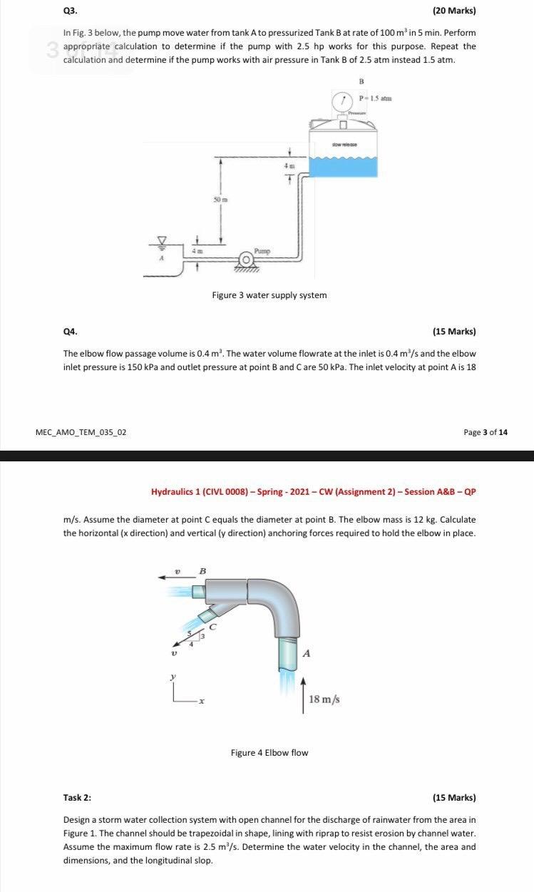 Solved Q3. (20 Marks) In Fig. 3 below, the pump move water | Chegg.com