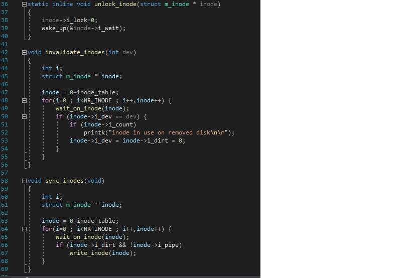 static inline void unlock_inode (struct m_inode * inode) inode->i_lock=0; wake_up(&inode->i_wait); void invalidate_inodes(int