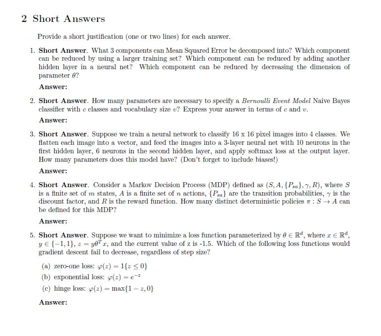 Solved 2 Short Answers iswer. Provide a short justification | Chegg.com