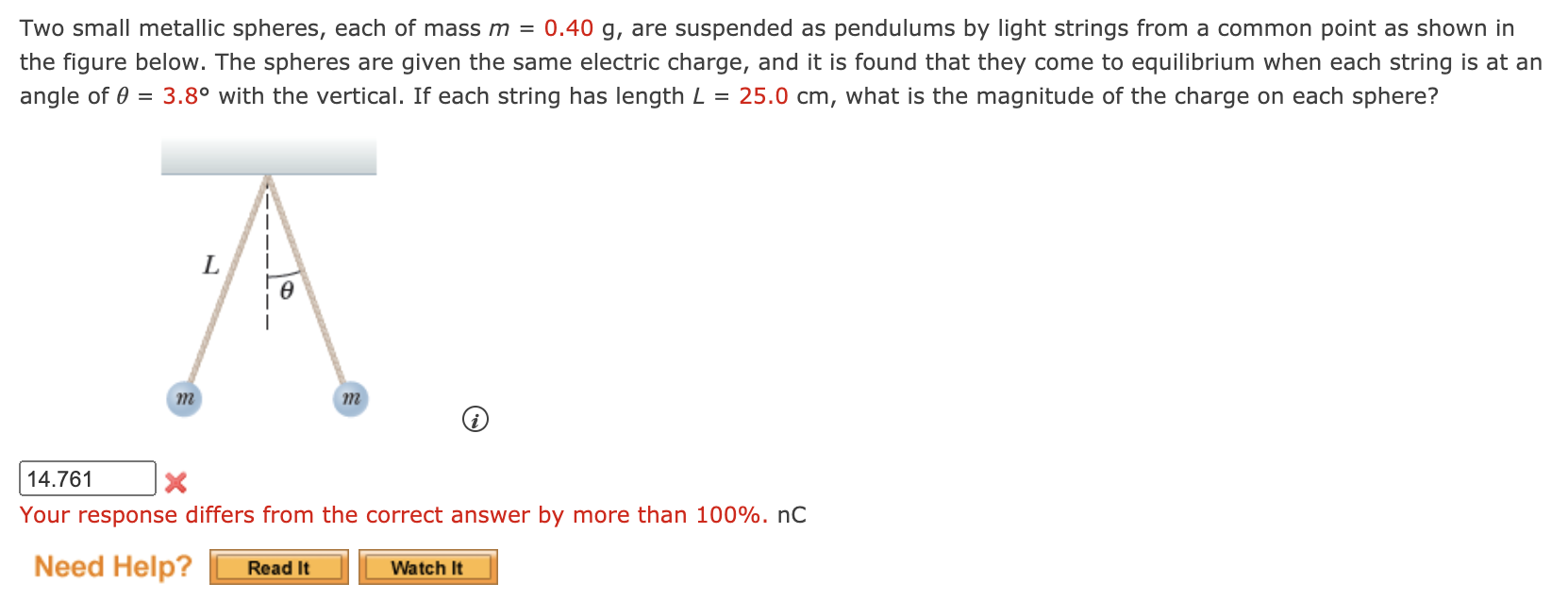 Solved Two small metallic spheres, each of mass m = 0.40 g,