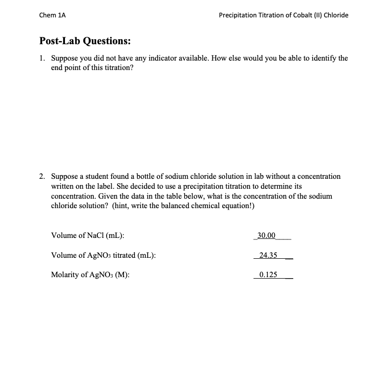 Solved Chem 1A Precipitation Titration of Cobalt (11) | Chegg.com