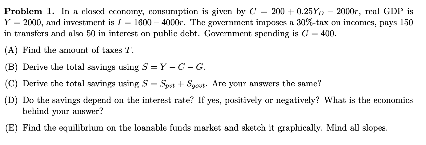 Solved = = Problem 1. In A Closed Economy, Consumption Is | Chegg.com