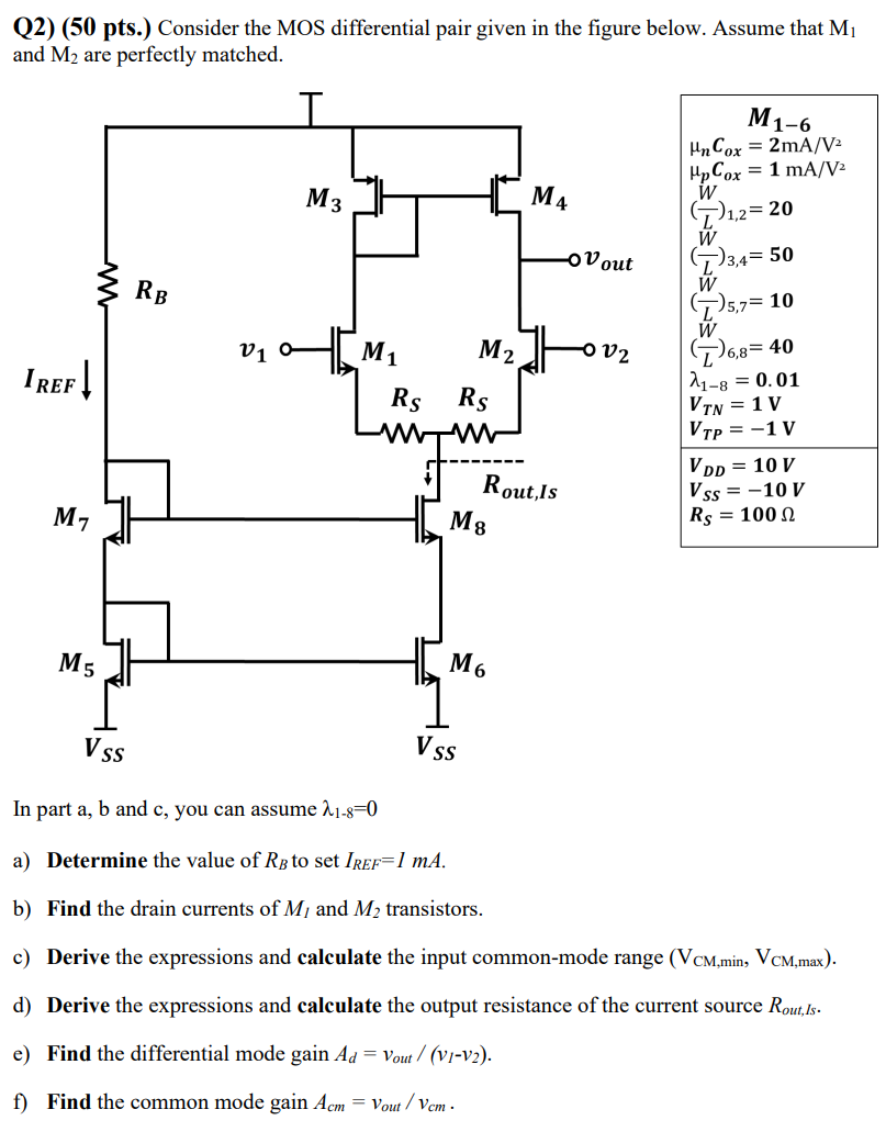 Solved Consider the MOS differential pair given in ﻿the | Chegg.com