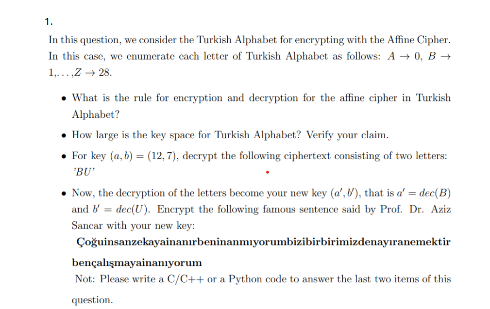 Turkey Cipher Solved In this question, we consider the Turkish Alphabet | Chegg.com