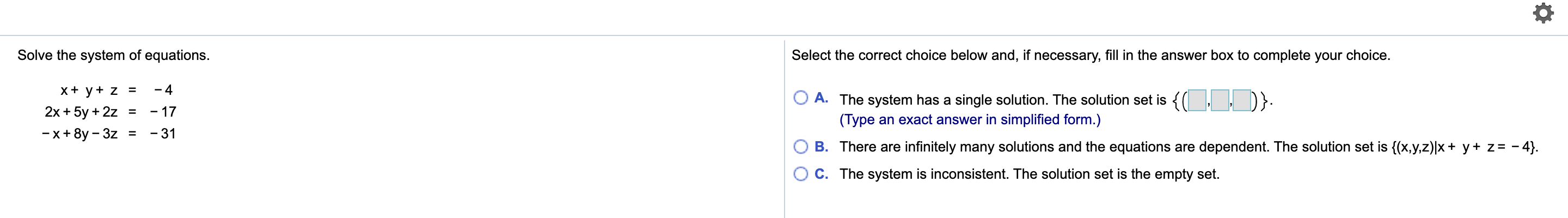 Solved Solve the system of equations. Select the correct | Chegg.com