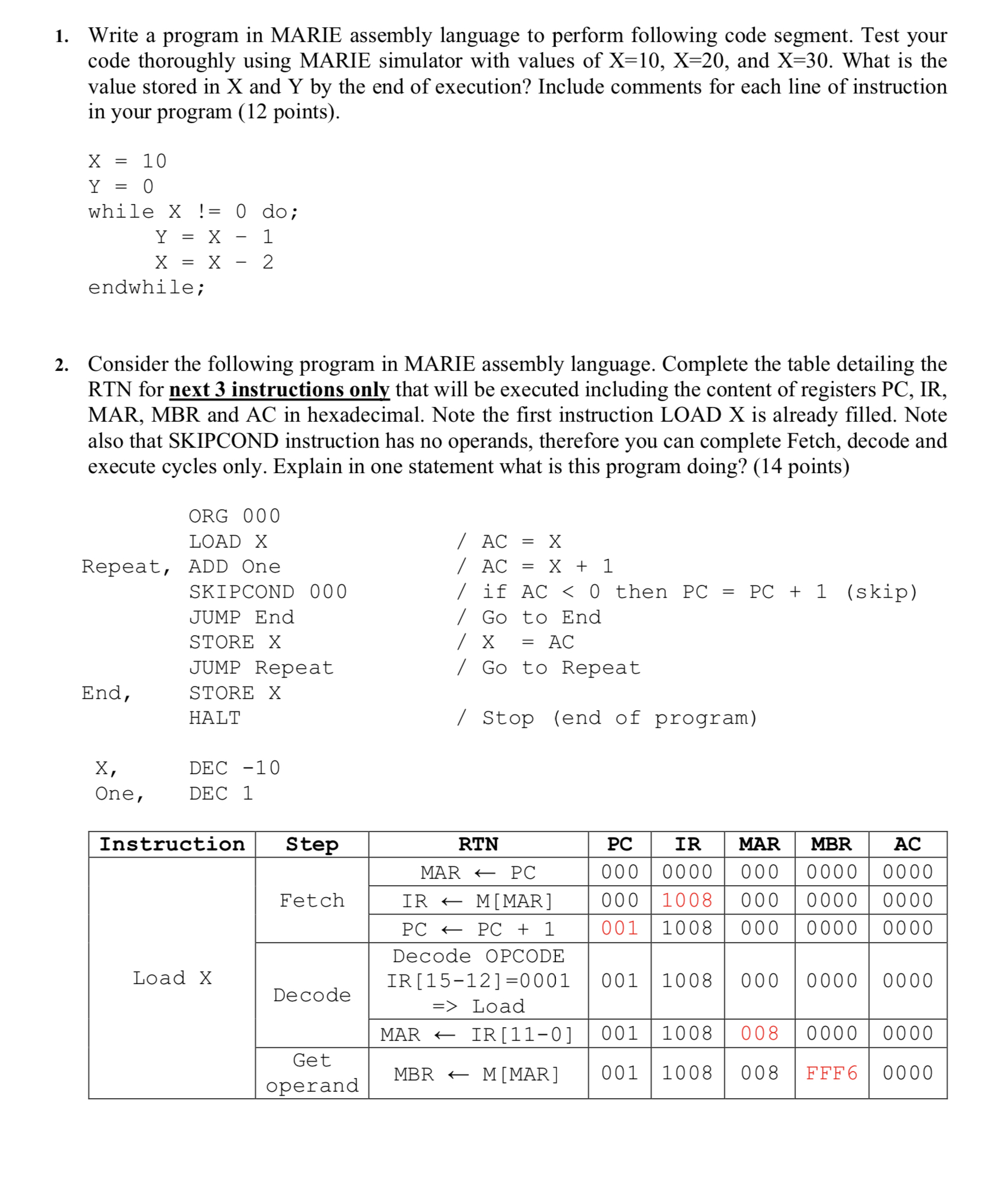 Solved 1 Write A Program In Marie Assembly Language To