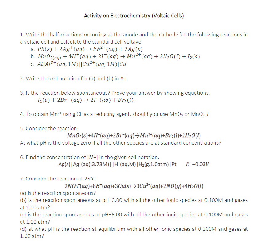 Solved Activity on Electrochemistry (Voltaic Cells) 1. Write