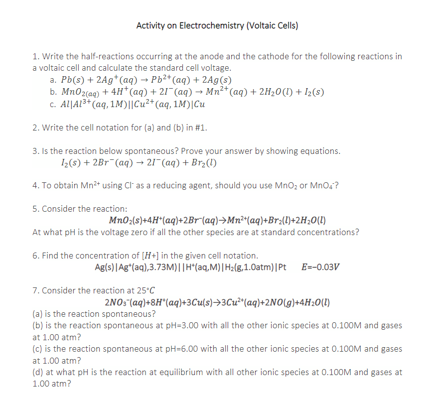 Solved Activity on Electrochemistry (Voltaic Cells) 1. Write | Chegg.com