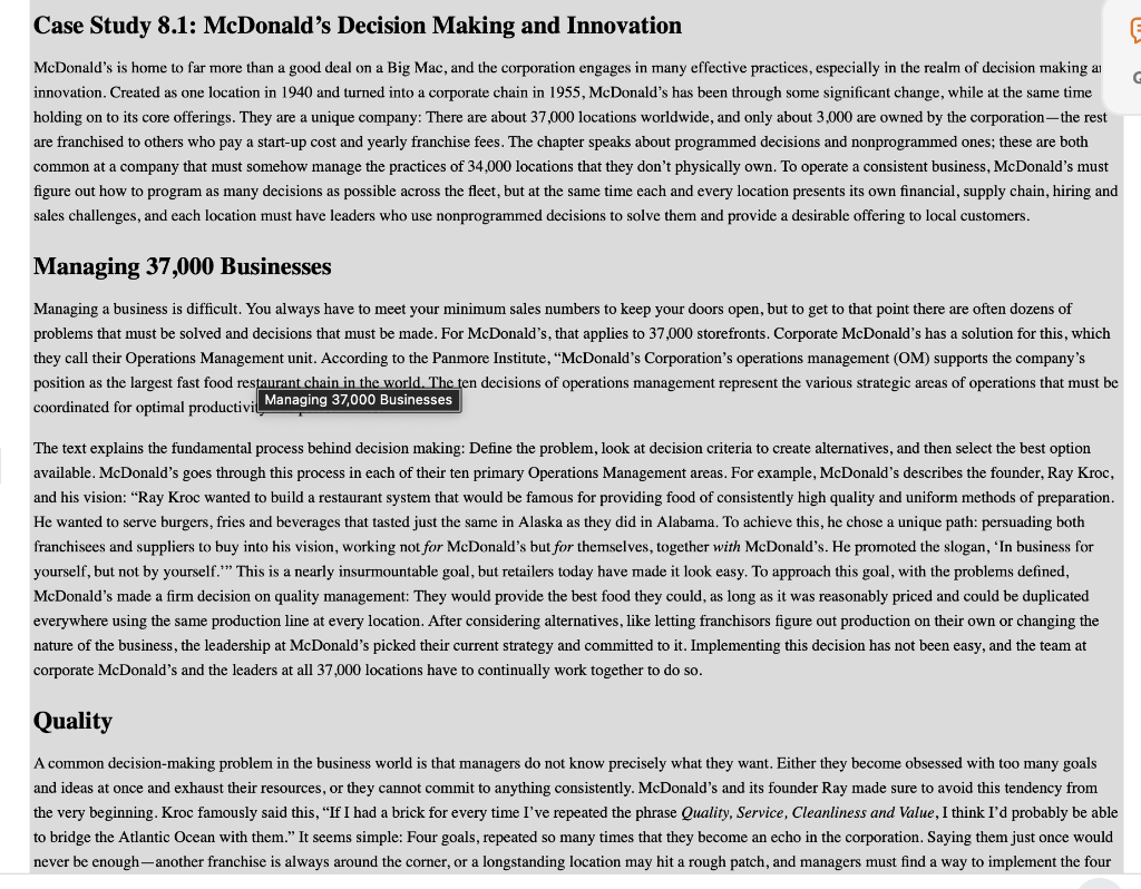 decision making and problem solving mcdonald's