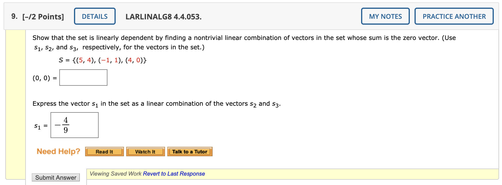 Solved 9 [ 2 Points] Details Larlinalg8 4 4 053 My Notes